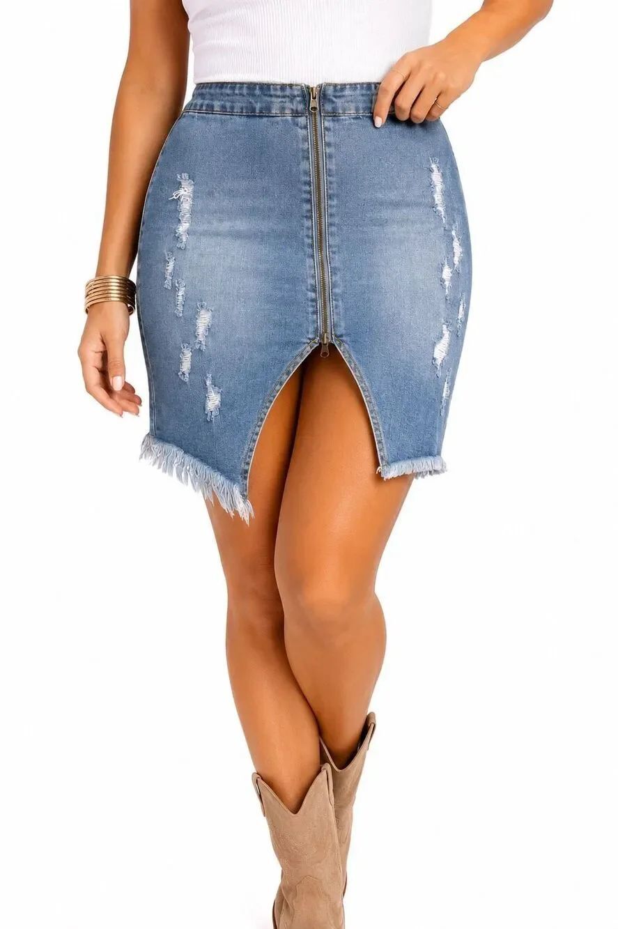 High Rise Distressed Zip Front Denim Skirt Asymmetrical Frayed Hem Large NWT